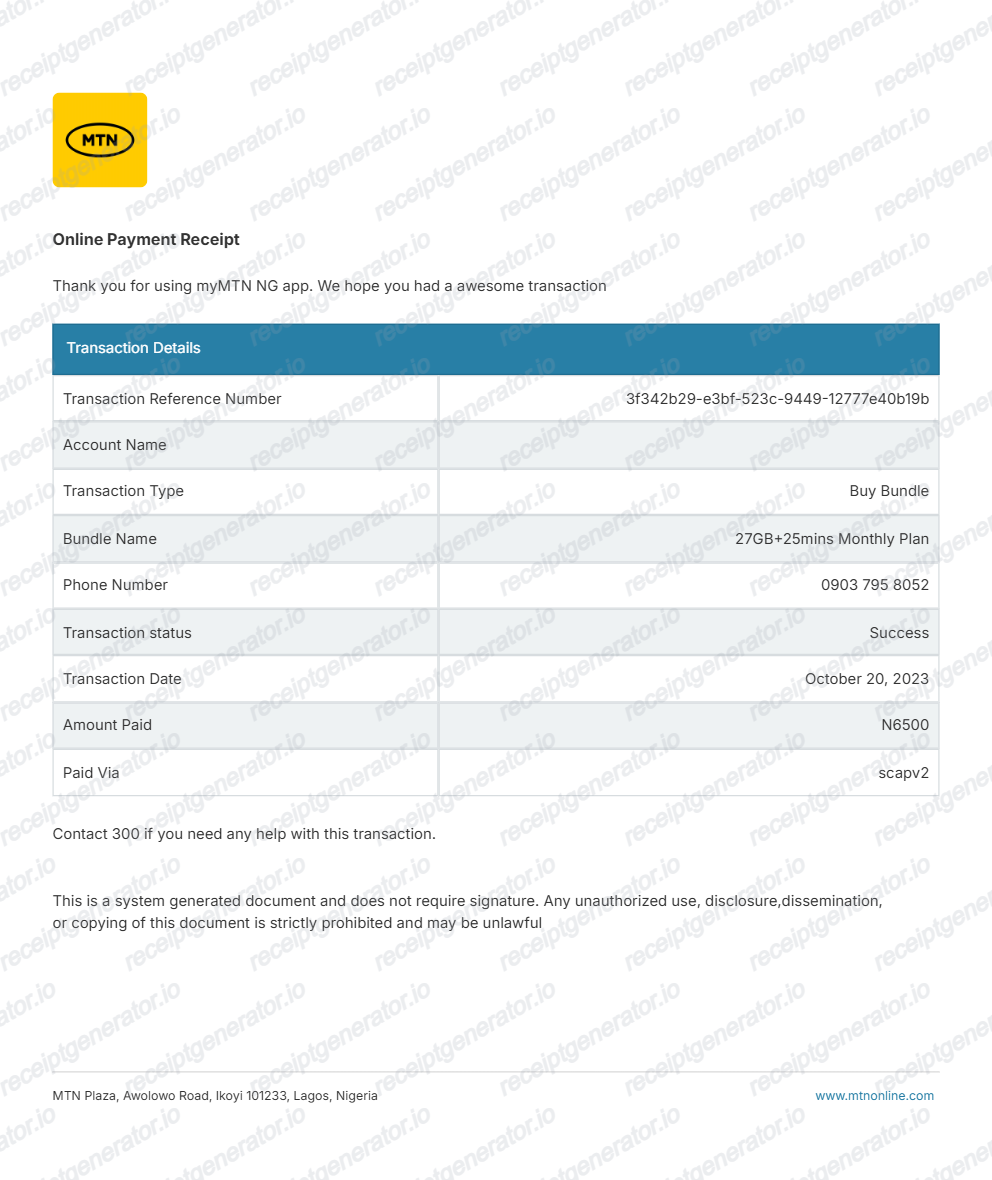 MTN Nigeria receipt