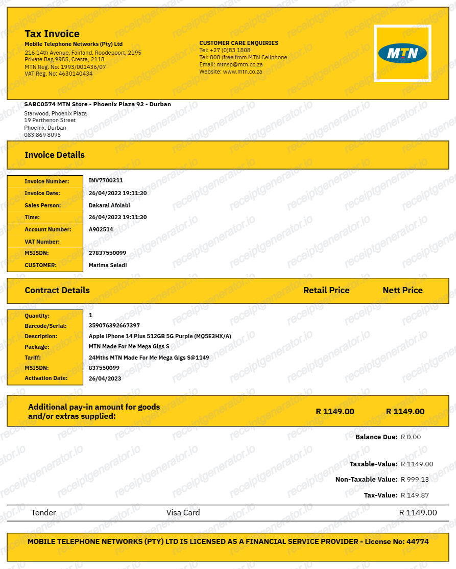 MTN receipt