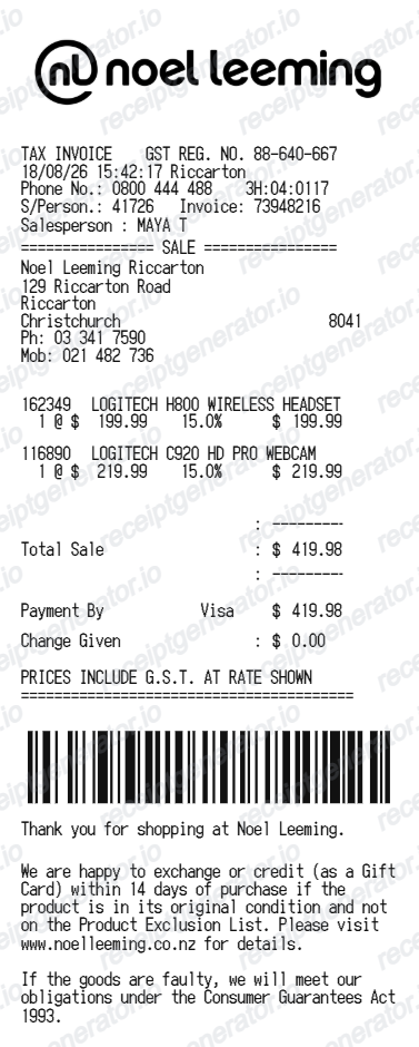 Noel Leeming Receipt - Preview of the template design
