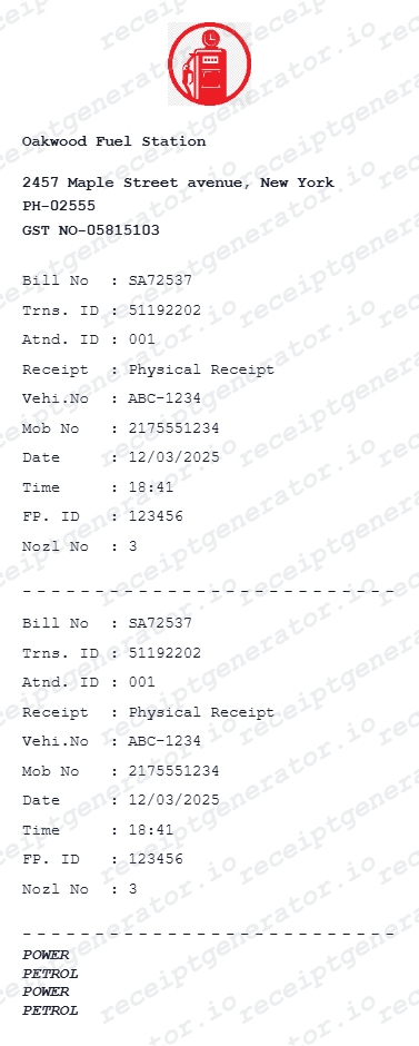 Oakwood Fuel Receipt - Preview of the template design