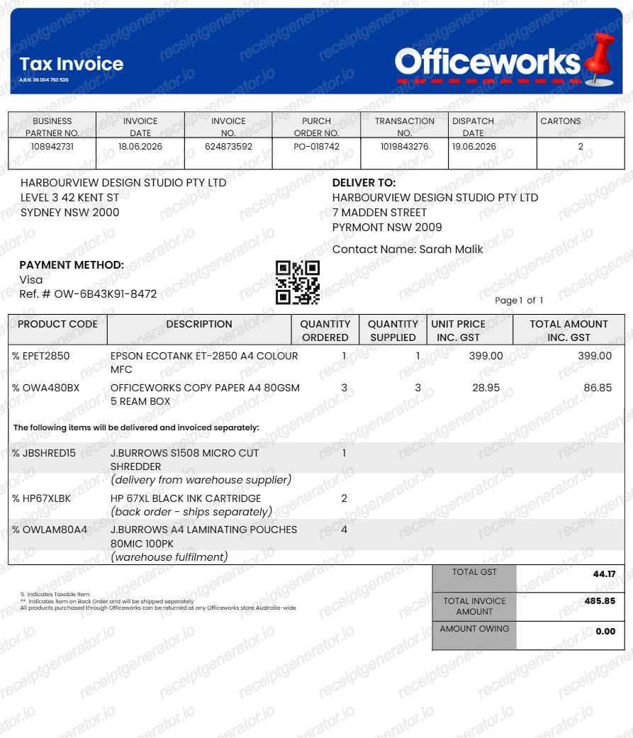 Officeworks receipt