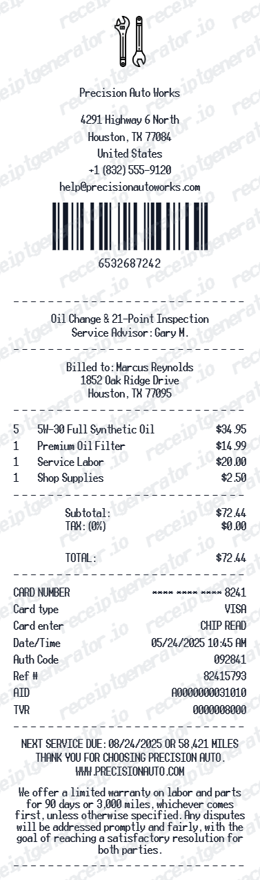 Oil Change Receipt - Preview of the template design