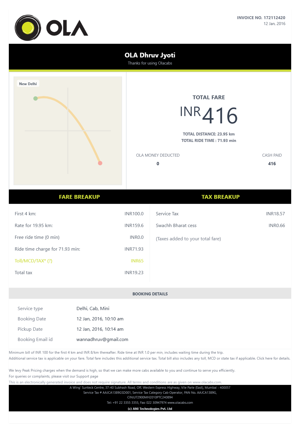 Ola Receipt - Preview of the template design