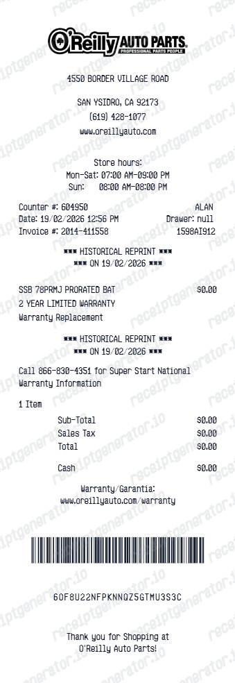 O'Reilly Auto Parts Receipt - Preview of the template design
