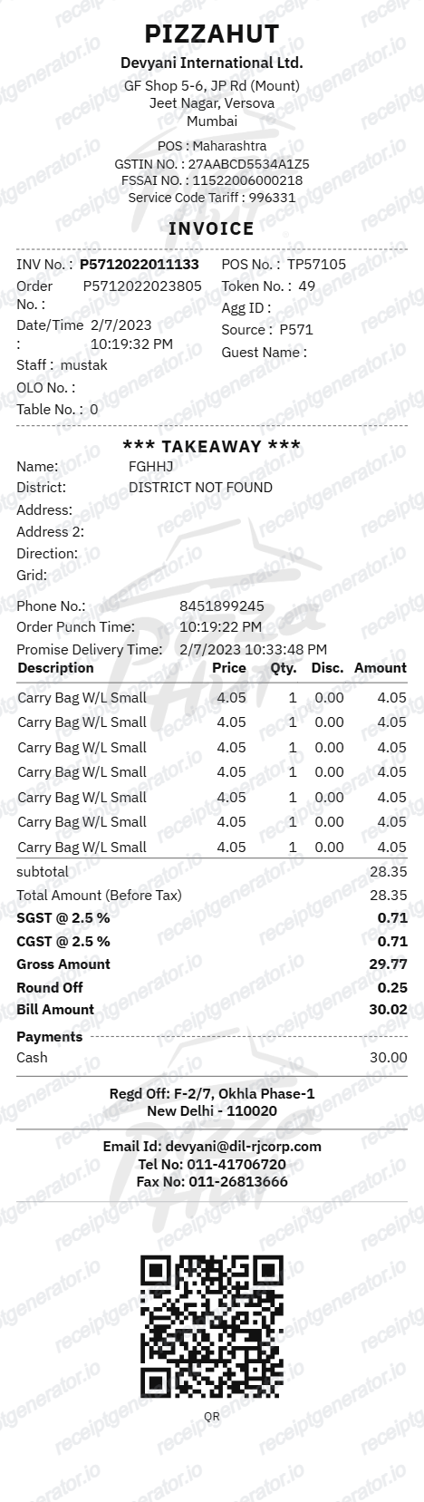 Pizza Hut Receipt