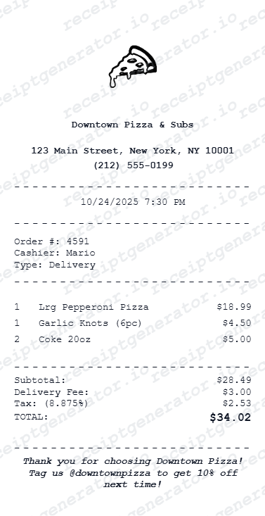 Pizza Receipt - Preview of the template design