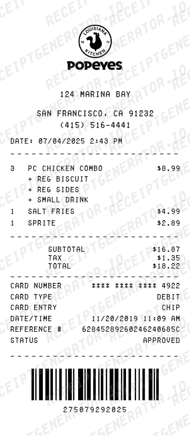 Popeyes Receipt - Preview of the template design