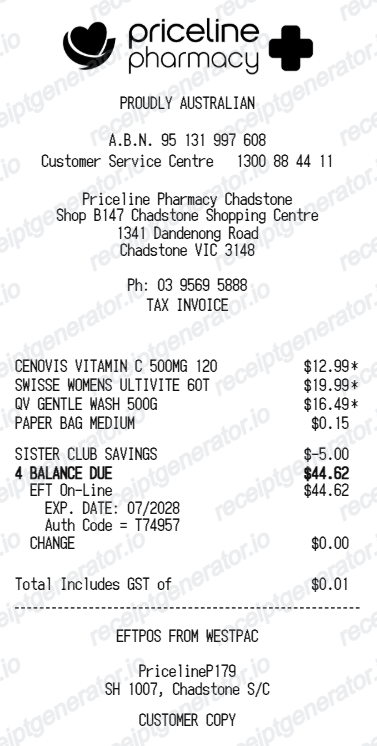 Priceline Pharmacy receipt