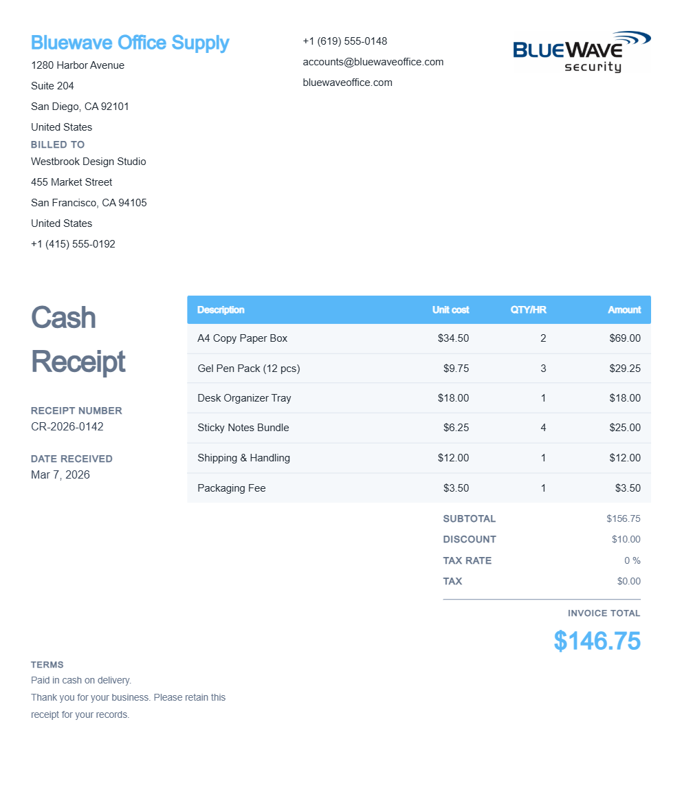 Printable Cash Receipt