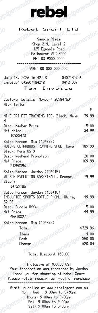 Rebel Sport receipt