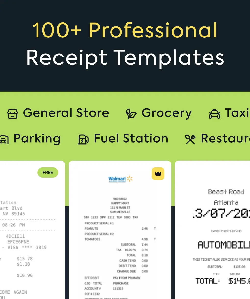 Receipt generator with 100+ professional receipt templates for stores, grocery, taxi and restaurants