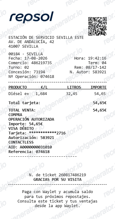 Repsol Receipt Spain - Preview of the template design