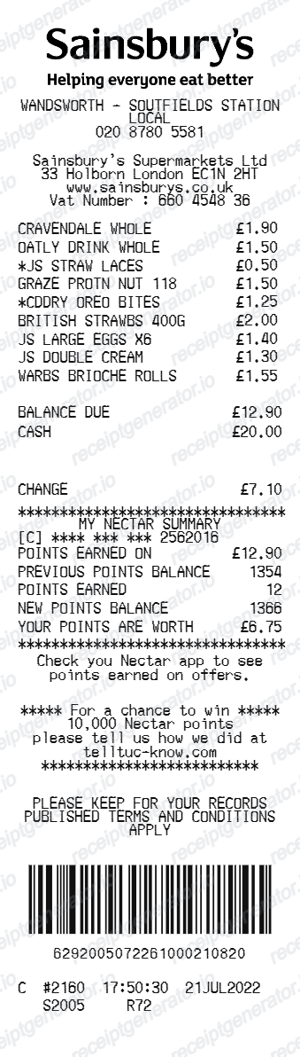 Sainsburys Receipt - Preview of the template design