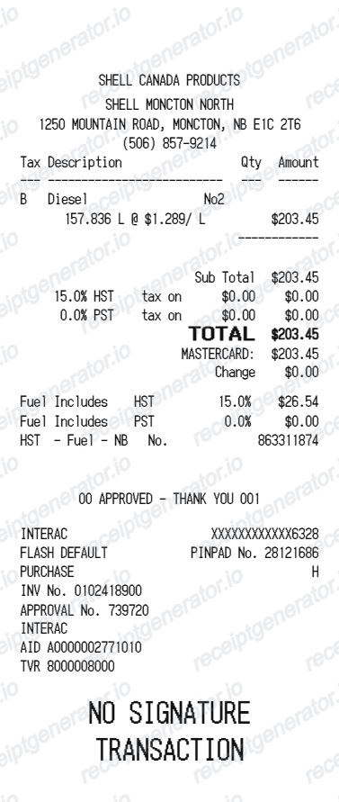 Shell Canada receipt