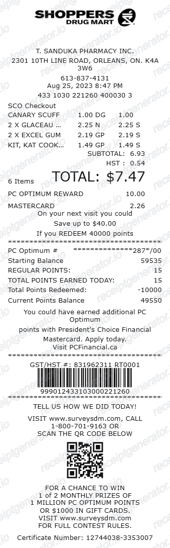 Shoppers Drug Mart Itemized Receipt - Preview of the template design