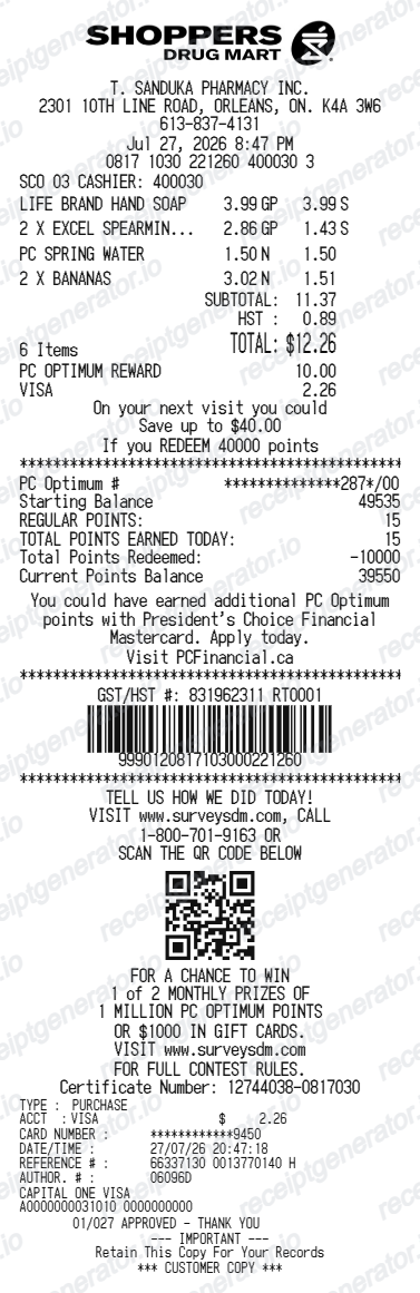 Shoppers Drug Mart Receipt