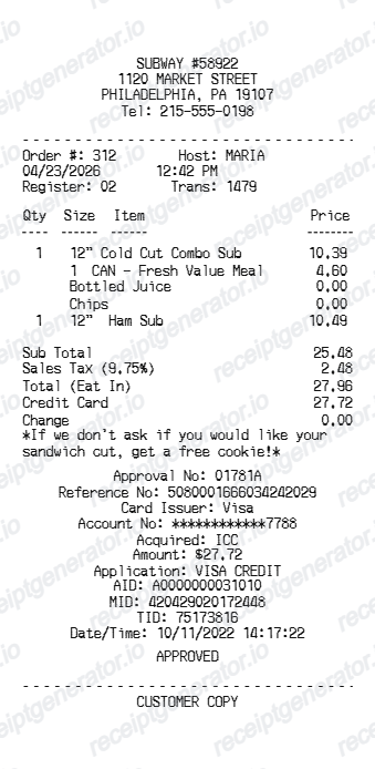 Subway Receipt preview