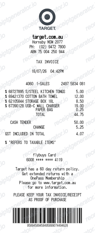 Target Australia receipt