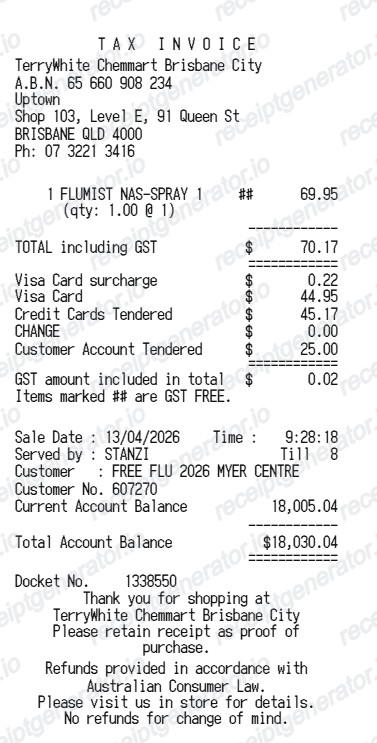 Terry White Chemist receipt