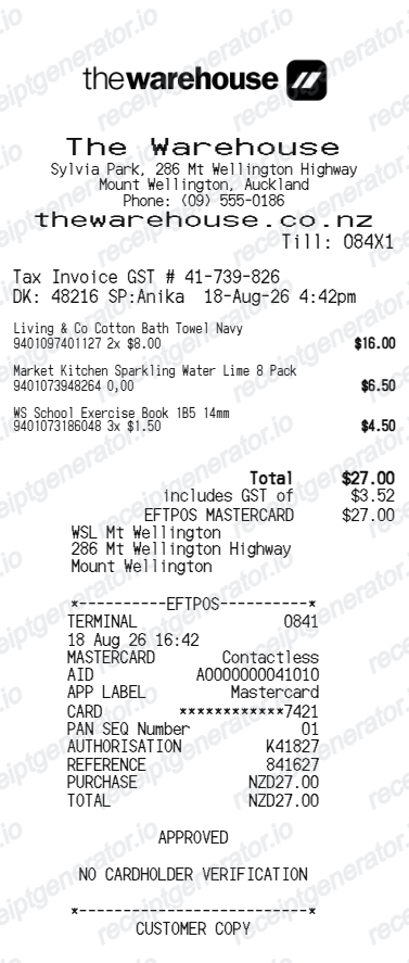 The Warehouse Receipt Nz - Preview of the template design