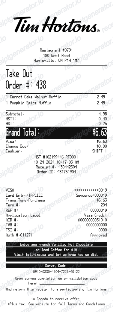 Tim Hortons Canada receipt