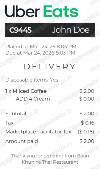 Uber Eats Receipt - Preview of the template design