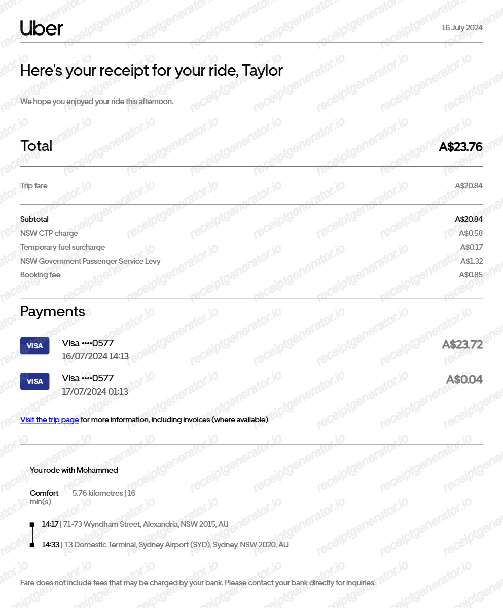 Uber Australia receipt