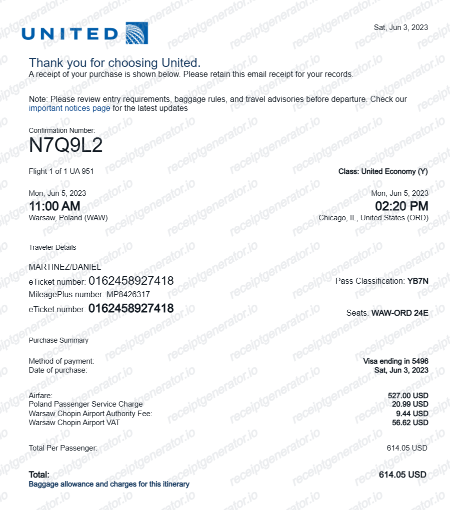 United Airlines Receipt