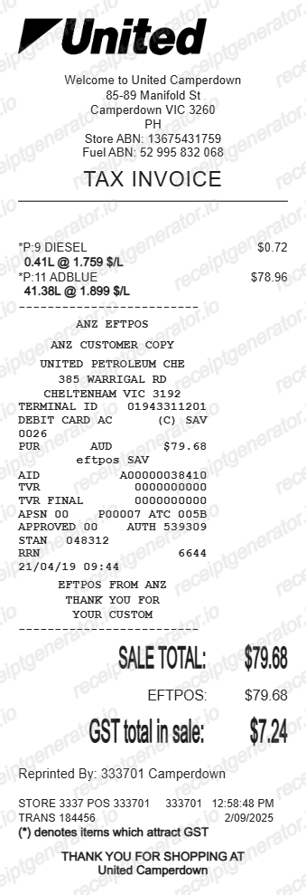 United Petroleum receipt
