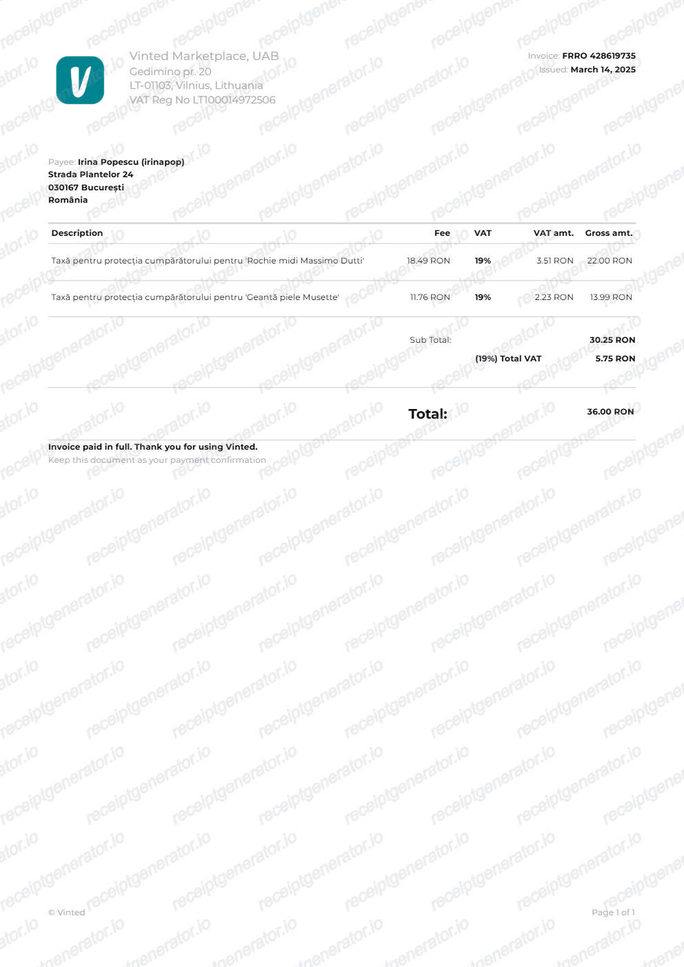 Free Vinted Receipt Generator - Vinted Order Receipt PDF preview