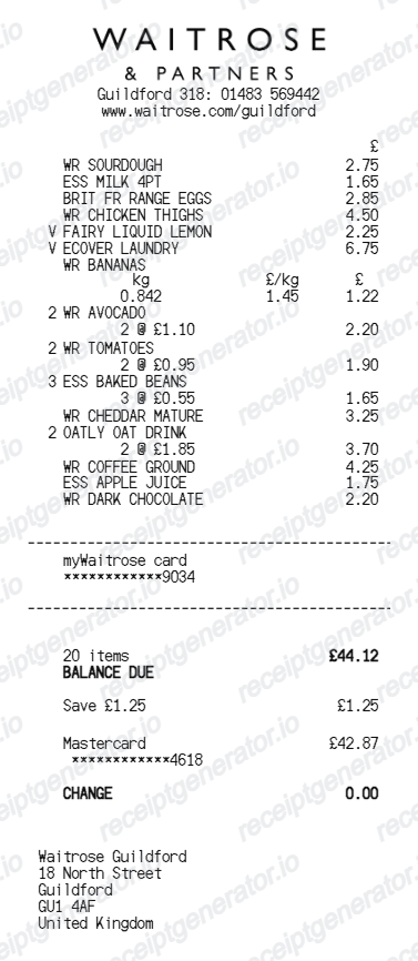 Waitrose Receipt - Preview of the template design