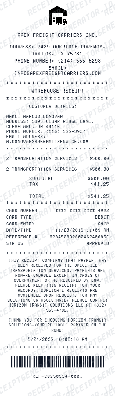 Warehouse Receipt - Preview of the template design