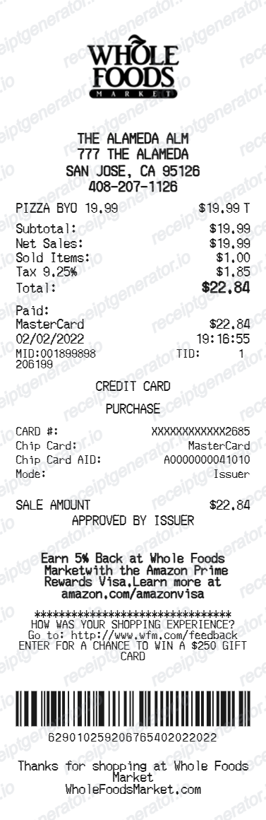 Whole Foods Receipt - Preview of the template design